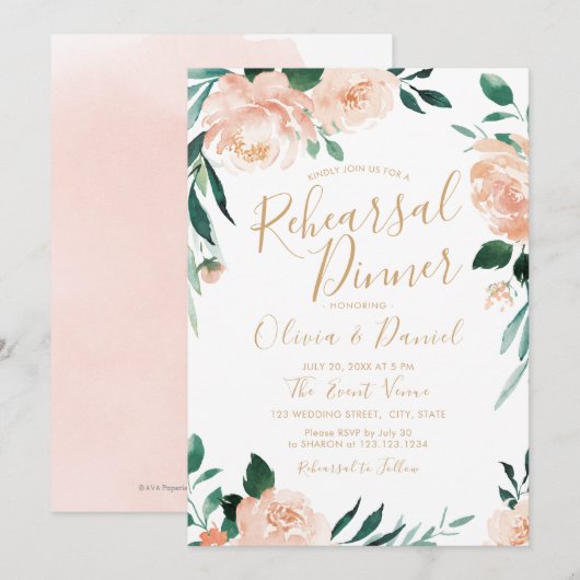 Romantische tuin perzik bloemenrepetitie diner kaart (Voorkant / Achterkant)