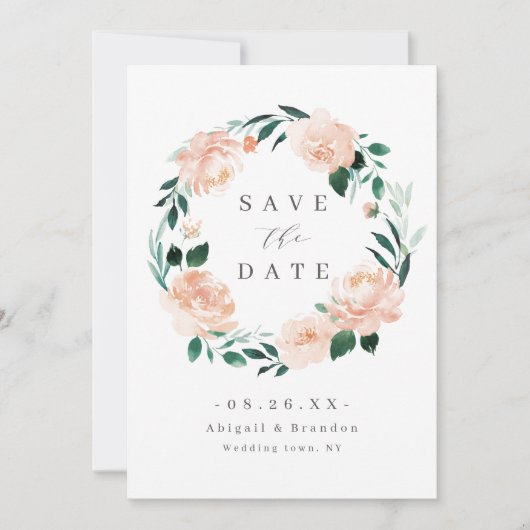 Romantische tuin perzik bloemige bruiloft save the date (Voorkant)