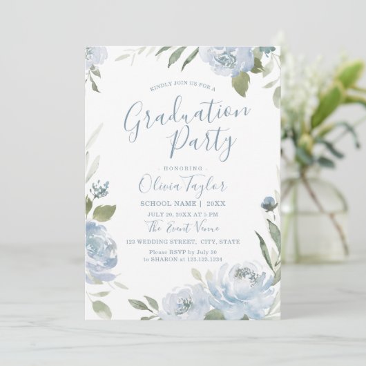 Romantische tuin stoffig blauw bloemen afstudeerfe kaart (Staand voorkant)