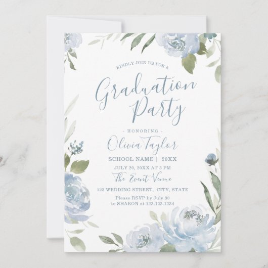 Romantische tuin stoffig blauwe bloemrijke afstude kaart (Voorkant)