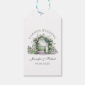 Romantische Tuin Trouwen Bloemenboog Fontein Cadeaulabel (Voorkant)