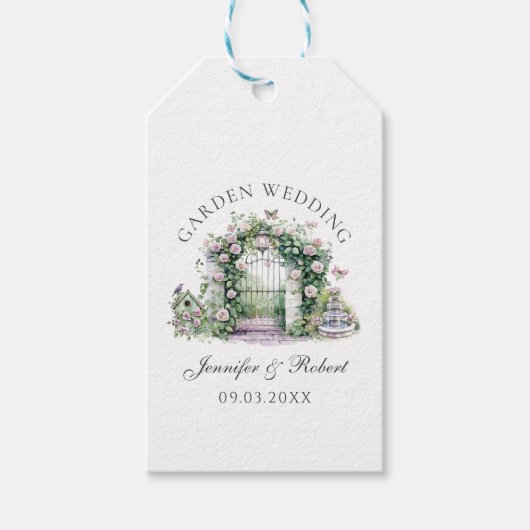 Romantische Tuin Trouwen Bloemenboog Fontein Cadeaulabel (Voorkant)