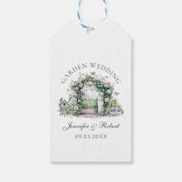 Romantische Tuin Trouwen Bloemenboog Fontein Cadeaulabel