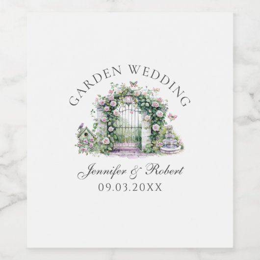 Romantische Tuin Trouwen Bloemenboog Fontein Wijn Etiket (Enkel label)