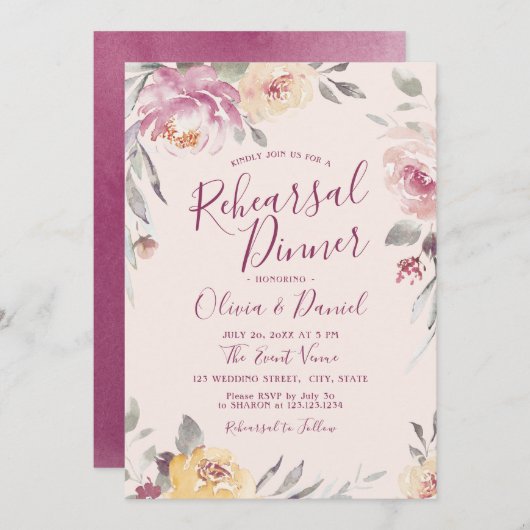 Romantische tuin waterverf bloemenrepetitie diner kaart (Voorkant / Achterkant)