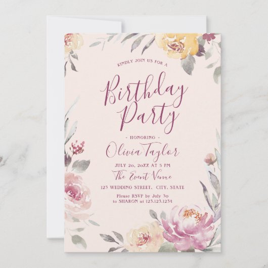 Romantische tuin waterverf bloemenverjaardagsfeest kaart (Voorkant)