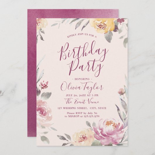 Romantische tuin waterverf bloemenverjaardagsfeest kaart (Voorkant / Achterkant)