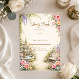 Romantische Tuinfontein Elegantie Bruiloft RSVP Kaartje