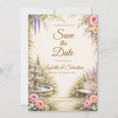 Romantische Tuinfontein Elegantie Bruiloft Save The Date (Voorkant)