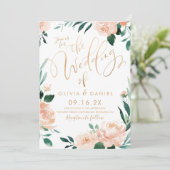 Romantische tuinkalligrafiesperzikflorale bruiloft kaart (Staand voorkant)