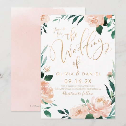 Romantische tuinkalligrafiesperzikflorale bruiloft kaart (Voorkant / Achterkant)