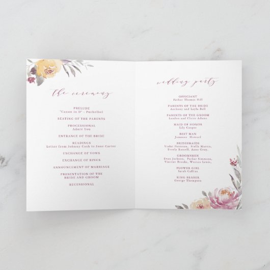 Romantische tuinmauve bloembruiloft programma (Binnen)