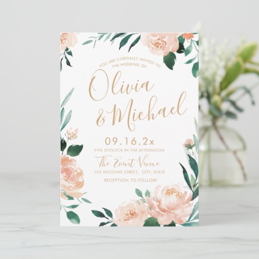 Romantische tuinperziken waterverf bloemperbruilof kaart (Staand voorkant)