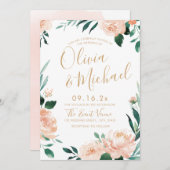 Romantische tuinperziken waterverf bloemperbruilof kaart (Voorkant / Achterkant)