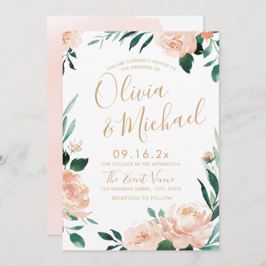 Romantische tuinperziken waterverf bloemperbruilof kaart (Voorkant / Achterkant)