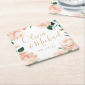 Romantische tuinperziken waterverf bloemperbruilof kartonnen onderzetters (Schuin)