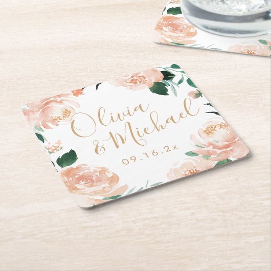 Romantische tuinperziken waterverf bloemperbruilof kartonnen onderzetters (Schuin)