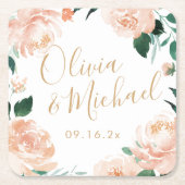 Romantische tuinperziken waterverf bloemperbruilof kartonnen onderzetters (Voorkant)