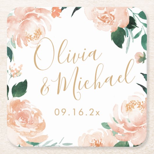 Romantische tuinperziken waterverf bloemperbruilof kartonnen onderzetters (Voorkant)