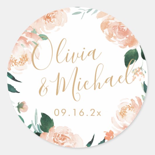 Romantische tuinperziken waterverf bloemperbruilof ronde sticker (Voorkant)