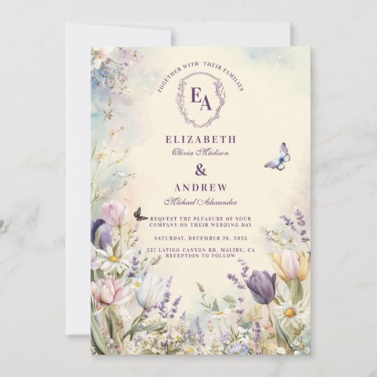 Romantische Tulp en Daisy Pastel bruiloft Kaart (Voorkant)