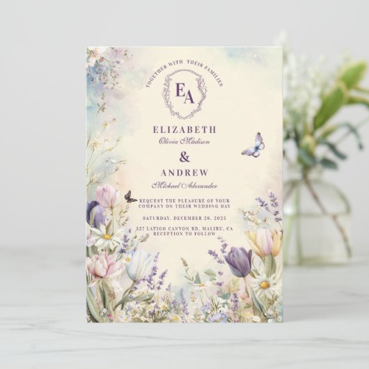 Romantische Tulp en Daisy Pastel bruiloft Kaart (Staand voorkant)