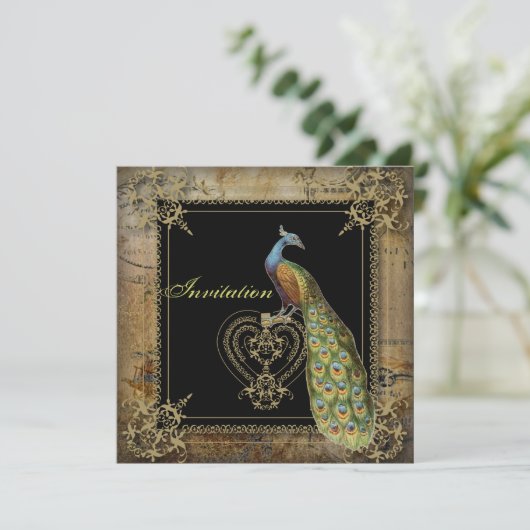 romantische  turquoise blauwgroen pauw bruiloft kaart (Staand voorkant)