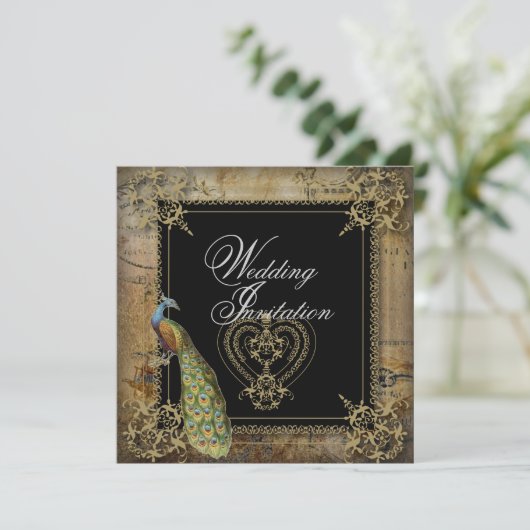 romantische  turquoise blauwgroen pauw bruiloft kaart (Staand voorkant)