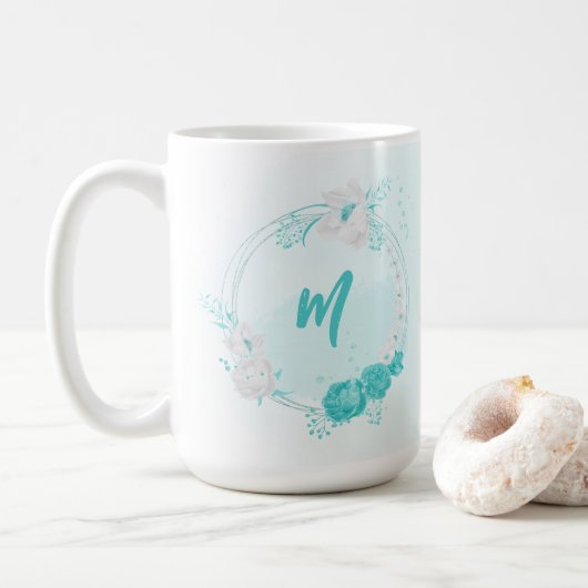 romantische turquoise bloemen koffiemok (Met donut)