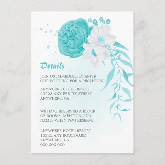 Romantische turquoise witte bloemendetails bruilof informatiekaartje (Voorkant)