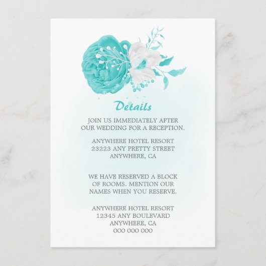 Romantische turquoise witte bloemendetails bruilof informatiekaartje (Voorkant)