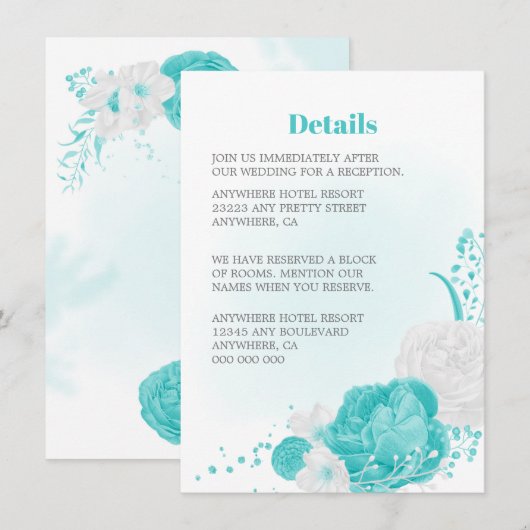 Romantische turquoise witte bloemendetails bruilof informatiekaartje (Voorkant / Achterkant)