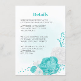 Romantische turquoise witte bloemendetails bruilof informatiekaartje