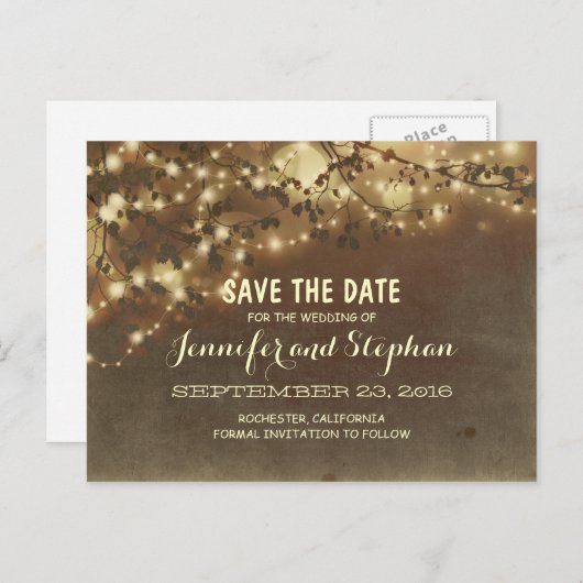 Romantische twinkle lichten Sla de datum briefkaar Aankondigingskaart (Voorkant / Achterkant)