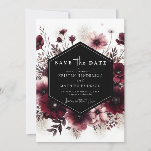 Romantische typografie Bourgondische bruiloft Save The Date (Voorkant)