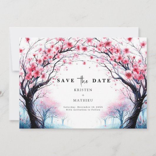 Romantische Typografie Cherry Blossom Wedding Save The Date (Voorkant)