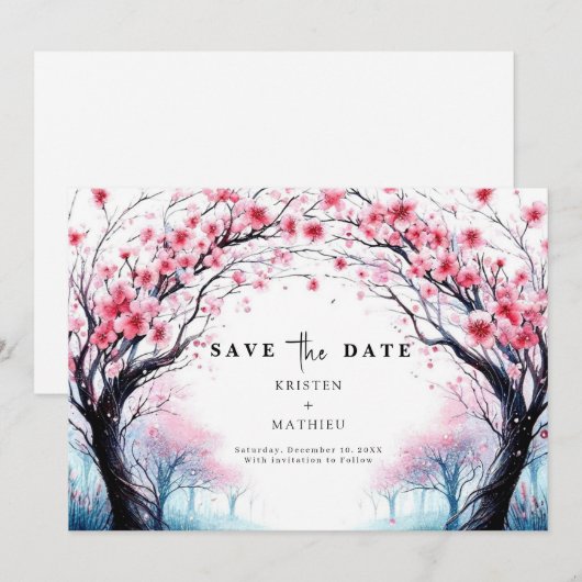 Romantische Typografie Cherry Blossom Wedding Save The Date (Voorkant / Achterkant)