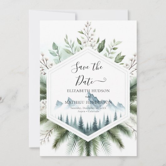 Romantische Typografie Mountain Wedding Save The Date (Voorkant)