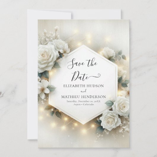 Romantische Typografie Witte Rozen Huwelijk Save The Date (Voorkant)