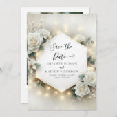 Romantische Typografie Witte Rozen Huwelijk Save The Date (Voorkant / Achterkant)
