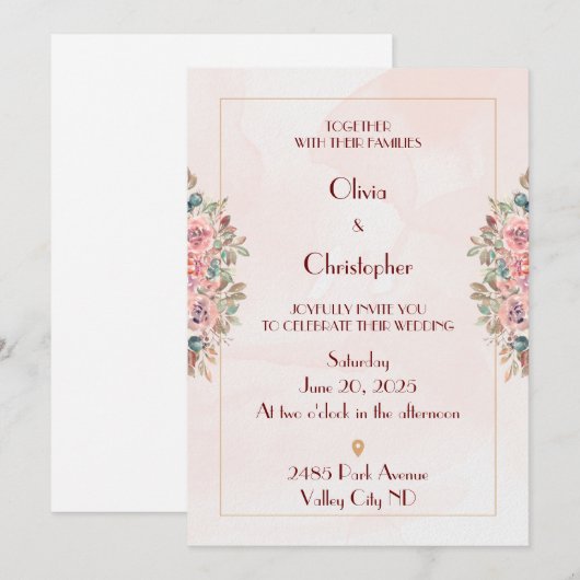 Romantische uitnodiging voor bloemrijke bruiloft (Voorkant / Achterkant)