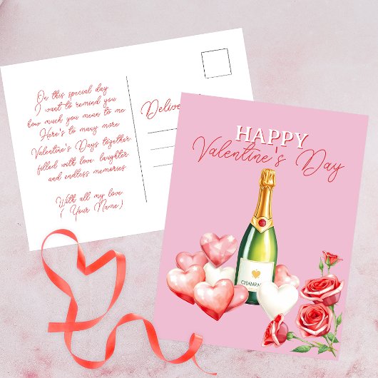 Romantische Valentijnsdag Champagne Rozen en harte Briefkaart