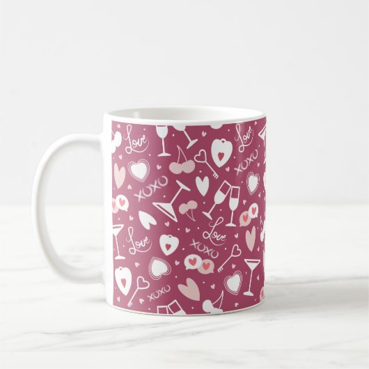 Romantische Valentijnsdag Love Pattern Donkerroze Koffiemok (Links)