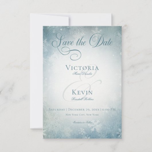 Romantische Vallende Sneeuw Blauw & Wit Bruiloft Save The Date (Voorkant)