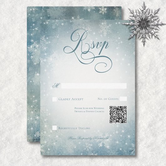 Romantische Vallende Sneeuw Blauw & Wit Sparkle QR RSVP Kaartje