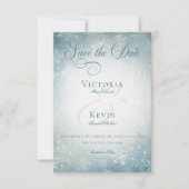 Romantische Vallende Sneeuw Blauw & Wit Sparkle Save The Date (Voorkant)