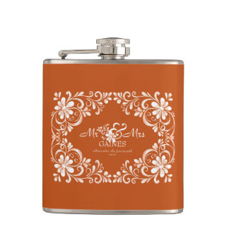 Romantische verbrande oranje Mr & Mrs trouwfles Heupfles