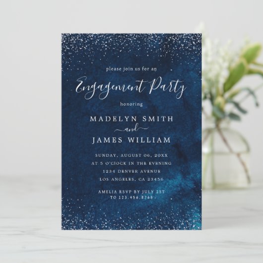 Romantische verlovingsfeest Marine Blauw Zilver Kaart (Staand voorkant)