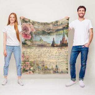 Romantische Vintage Architectuur & Rozen Collage K Fleece Deken