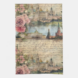 Romantische Vintage Architectuur & Rozen Collage K Theedoek